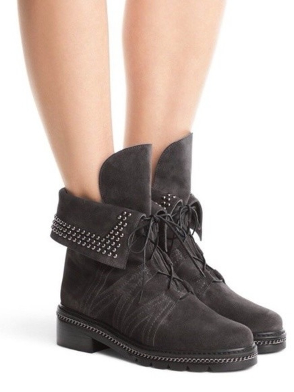 Stuart Weitzman Gray Studded Suede Lace-Up Boots